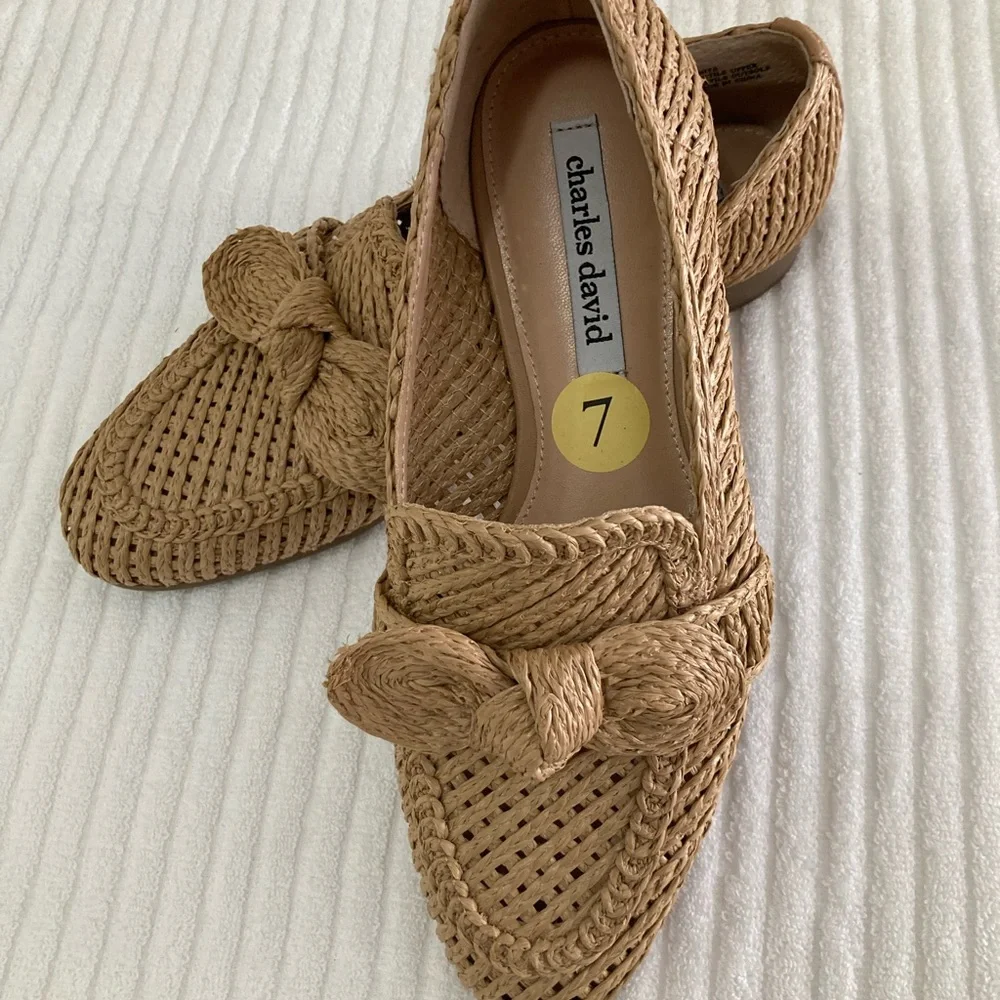 Charles David Tan Woven Flats with Bow Detail